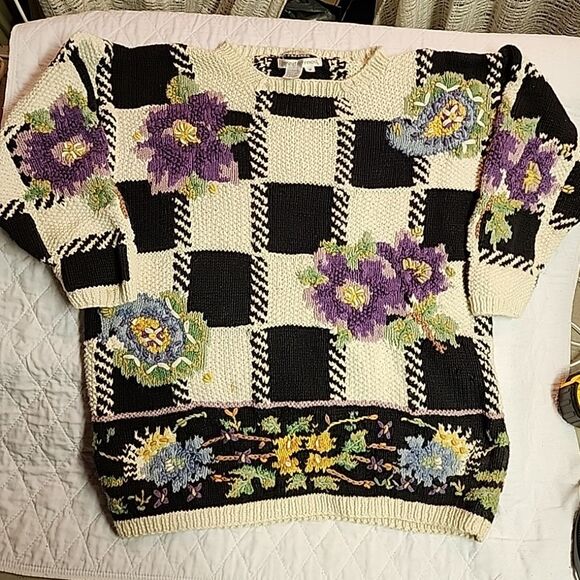Vintage Jennifer Reed womens check sweater size M embroidery eclectic grandma - Picture 1 of 11